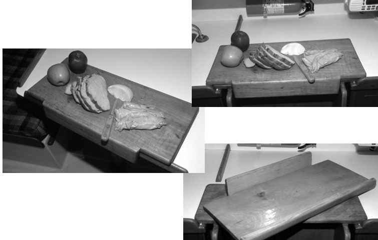 Cutting board fits on the companionway steps, above, and on the galley table fiddles, at left. Construction detail below.