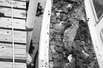 The rotted core just below the fiberglass was not a pretty sight.