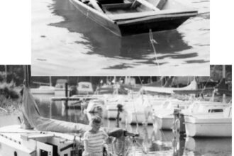 Susan’s first homebuilt dinghy fit on the afterdeck and boomkin of her 23-foot sloop, Ariel. She says, “I carried it back on the boomkin (well lashed) in some fairly rough water. Once in a while, when we heeled, the ends would dip in, and the dink would try to launch itself. The roughest crossing we ever made with it on deck we had a few honest seven-footers. We were on a beam reach to a close reach, and the dink behaved fine. The biggest problem was on a run with following seas and heavy rolling.”