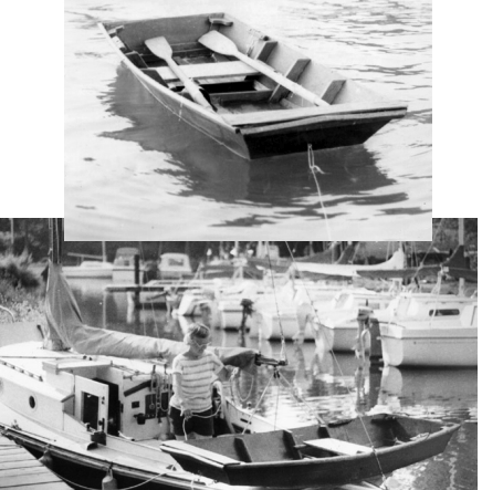 Susan’s first homebuilt dinghy fit on the afterdeck and boomkin of her 23-foot sloop, Ariel. She says, “I carried it back on the boomkin (well lashed) in some fairly rough water. Once in a while, when we heeled, the ends would dip in, and the dink would try to launch itself. The roughest crossing we ever made with it on deck we had a few honest seven-footers. We were on a beam reach to a close reach, and the dink behaved fine. The biggest problem was on a run with following seas and heavy rolling.”