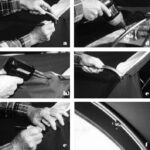 a) Marking the handle position on the fabric, b) Burning a hole through the fabric at the marked location, c) Marking the stainless steel frame through the hole in the fabric, d) With the fabric removed, drilling 1⁄4-inch holes through the frame, e) Mounting the handles and rubber gaskets, and f) Using wing-nuts on the inside of the dodger to make disassembly easier.