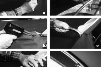 a) Marking the handle position on the fabric, b) Burning a hole through the fabric at the marked location, c) Marking the stainless steel frame through the hole in the fabric, d) With the fabric removed, drilling 1⁄4-inch holes through the frame, e) Mounting the handles and rubber gaskets, and f) Using wing-nuts on the inside of the dodger to make disassembly easier.