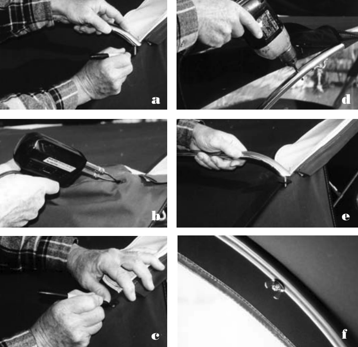 a) Marking the handle position on the fabric, b) Burning a hole through the fabric at the marked location, c) Marking the stainless steel frame through the hole in the fabric, d) With the fabric removed, drilling 1⁄4-inch holes through the frame, e) Mounting the handles and rubber gaskets, and f) Using wing-nuts on the inside of the dodger to make disassembly easier.
