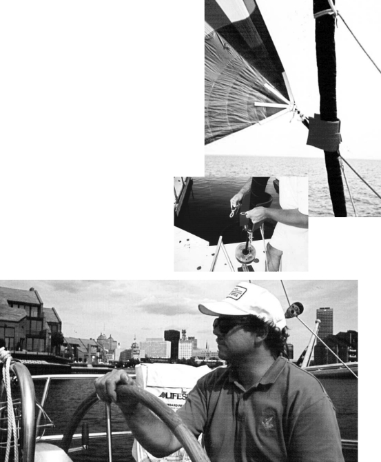 Ken’s Spinnaker Guy in action above, and the sailor below at home on his Catalina 30, Positive Impact, which he and partner Sherry Hughes sail on Lake Erie. Ken started sailing early in life on Lake George with a family friend who was careful to label the outings as “fun,” rather than “learning experiences.”