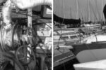 Rainbow’s bilge, the stern at the lefthand side of the photo. On the facing page, the electric Rawson 30 owned by Steve Cooper.