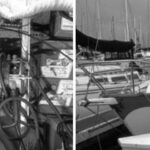 Rainbow’s bilge, the stern at the lefthand side of the photo. On the facing page, the electric Rawson 30 owned by Steve Cooper.