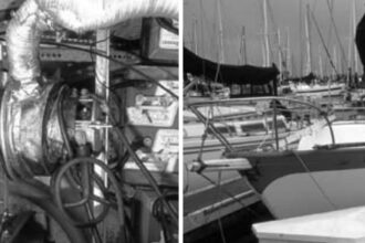 Rainbow’s bilge, the stern at the lefthand side of the photo. On the facing page, the electric Rawson 30 owned by Steve Cooper.