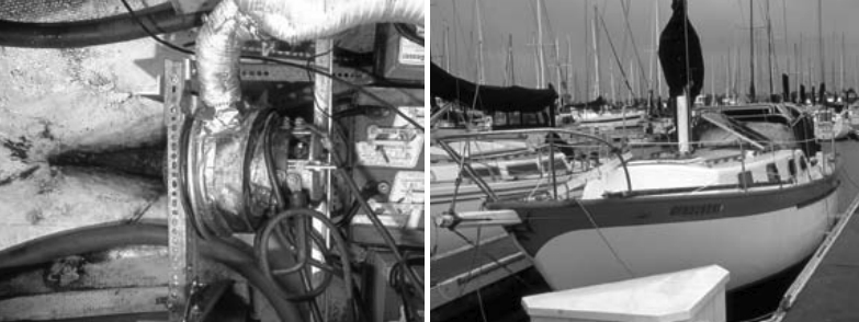 Rainbow’s bilge, the stern at the lefthand side of the photo. On the facing page, the electric Rawson 30 owned by Steve Cooper.