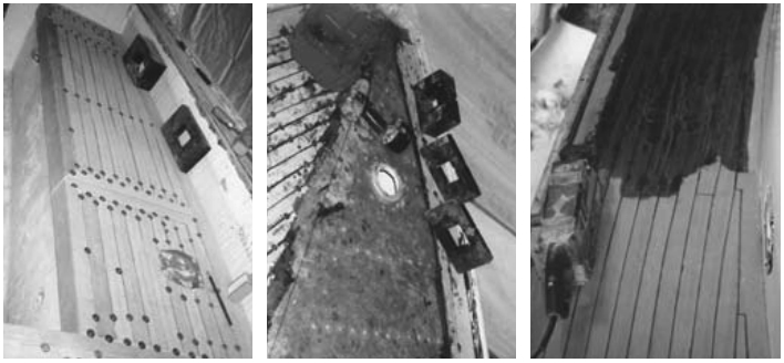 Weights hold outer planks in the cockpit, left, and at the bow, center. Squeezing the goop between the planks, center, is a messy business. The reward is at the sanding stage, at right.