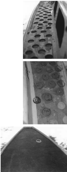 Approximately 50 percent of the deck is removed, and rotten core is scraped out, at top. Once the deck has dried, foam is substituted for the core and the deck circles are replaced, center. The deck is faired, at bottom.