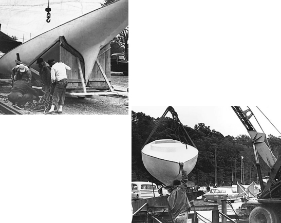 In 1956, Ray Greene built this 41- foot R-boat for Cleveland sailor Art Schulmer. It took six men 12 hours to laminate the hull. With the hull suspended from a crane, it is about to be set down on its 9,000-pound lead keel.