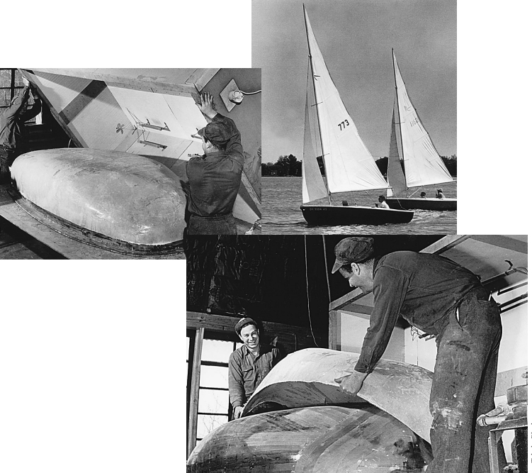 Ray Greene built an 8-foot plastic dinghy and the 16-foot Rebel one-design daysailer (shown upper right). Once the fiberglass fabric was wetted out, the hull was covered with an electrically heated box to cure the resin at about 300°F for two hours (above). Once the resin had kicked, the homemade “oven” was removed and the hull lifted from the mold (right).