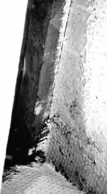 Naked structural wood next to poorly laid up roving tabbing. You can see the crack between the wood and the FRP already. It will only get worse.