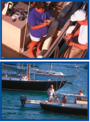 An assistant harbormaster in Vineyard Haven, Mass., collects a fee from a visiting boater (above). Another in Vineyard Haven, Mass., stops to chat with sailors (below).