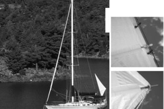 Rag Doll at left at anchor. Detail of her riding sail at right.