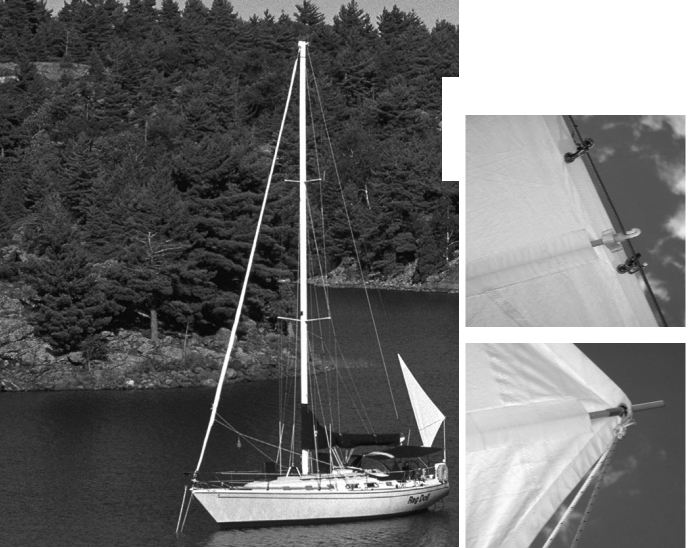 Rag Doll at left at anchor. Detail of her riding sail at right.
