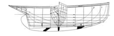 A six-beam cutter with a Y-section hull and almost zero form stability.