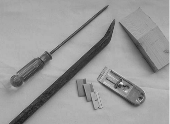 Objects fixed in place with stubborn adhesives and bedding compounds require either delicacy or destruction. Pry tools include screwdrivers, crowbars, razor blades, and a soft wedge. Don’t use solvents.