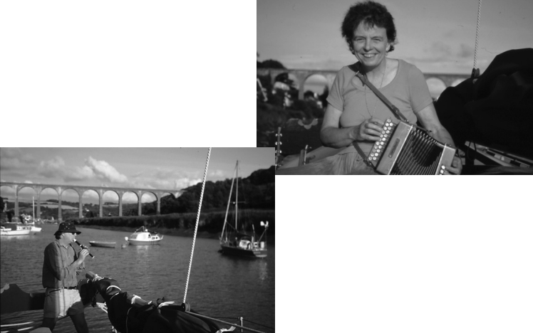 Peter plays the descant recorder and Sylvia plays her melodeon on board Can Pyran, which means St. Pyran’s Song in Cornish. Pyran crossed the Irish Sea on a millstone in a howling gale and converted the Cornish to Christianity, becoming a saint in the process “or so the story goes,” Peter says, noting, “He also liked a good party, so he seemed the ideal patron to have on board.” Both shots were taken in the Tamar Valley of Cornwall, the Bonseys’ cruising ground.