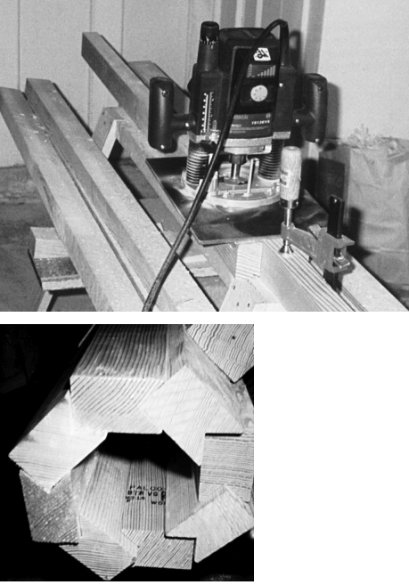 The plan called for eight full-length staves (these are of Douglas fir), notched on one edge in such a way that each fits onto the next at a 45-degree angle, creating an octagon. The notches were cut with a half-inch router and a 90-degree V-groove bit, using several passes per stave.