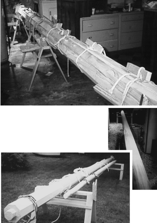 The 24-foot mast in stages: gluing (above left), smoothing (above right), and finished with a gaff to match (left).