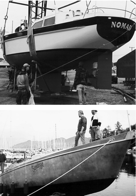 Nomad (top) has an aluminum deck and house on a steel hull. Sandingo (bottom) is launched with unpainted aluminum topsides and deck.