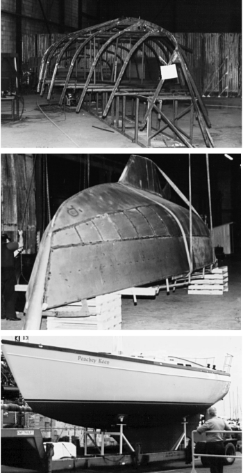 Peachy Keen, in various stages of development, shows Brewer’s radius bilge with straight frames above and below the radius bilge. When plated, the radius bilge goes on in short sections while the flat areas are installed in long plates. Ready to launch, the boat’s a beauty.