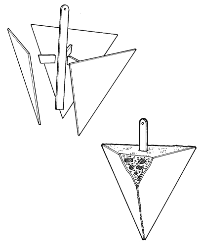 Exploded view of the parts, above. Filled with lead and concrete, at right.
