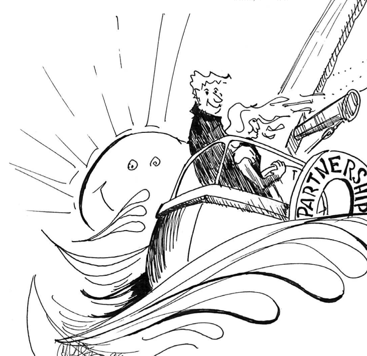 Drawing of 2 people sailing into the sunset