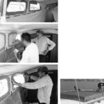 At top: Remove old fixed lights and grind a large bevel. The sharp edge of the bevel should be paper thin. Center: Cover Plexiglas with mold release and attach to outside of boat with tape. Paint gelcoat onto inside surface. At bottom: fiberglass in old opening.