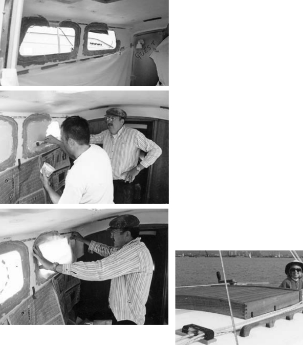 At top: Remove old fixed lights and grind a large bevel. The sharp edge of the bevel should be paper thin. Center: Cover Plexiglas with mold release and attach to outside of boat with tape. Paint gelcoat onto inside surface. At bottom: fiberglass in old opening.
