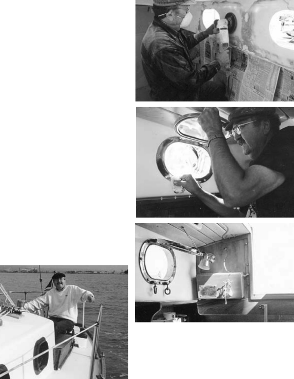 At top: Fill in low spots with epoxy filler. Cut new opening with portable electric jigsaw. Center: Paint interior and drill bolt holes to secure new portlight. Caulk around the portlight and install portlight with bolts. At left and bottom: Go sailing and enjoy your new ports, which look as if they’ve always been there.