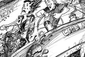 Drawing of people reefing in a storm