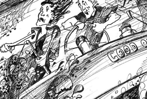Drawing of people reefing in a storm