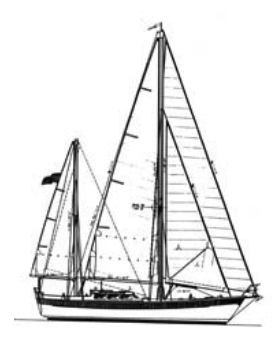 Miami, a double-headsail ketch with a bowsprit.