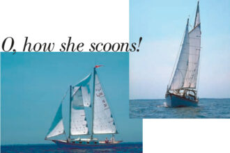 Don Launer’s Lazy Jack 32 designed by Ted Brewer, above, and flying its fisherman staysail, at left. This sail is hoisted by halyards on the foremast and mainmast. The sheets are led to aft turning blocks and forward to cleats. It is tended like a jib when tacking.