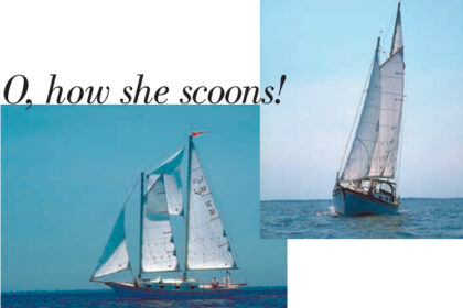 Don Launer’s Lazy Jack 32 designed by Ted Brewer, above, and flying its fisherman staysail, at left. This sail is hoisted by halyards on the foremast and mainmast. The sheets are led to aft turning blocks and forward to cleats. It is tended like a jib when tacking.