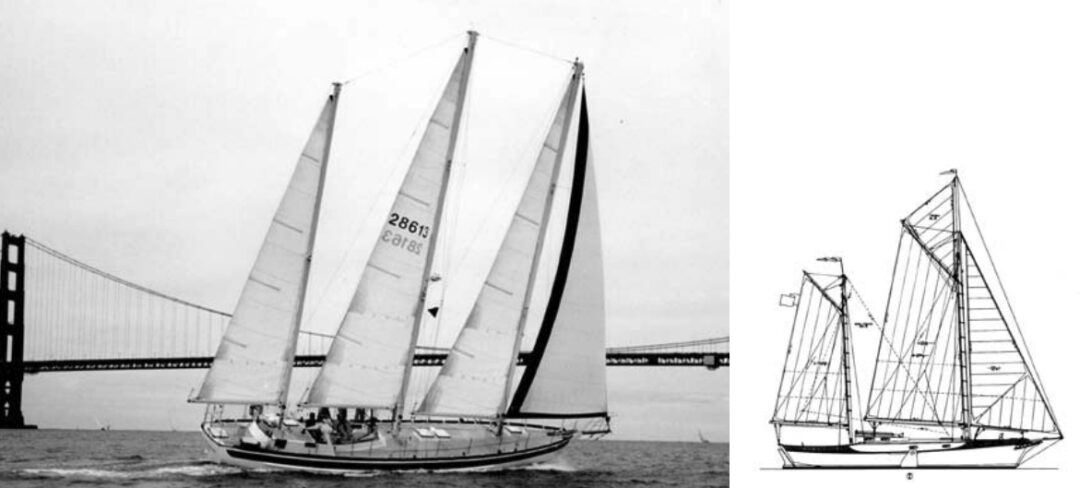 The 34-foot sharpie, Centennial, above, a leeboard yacht. On facing page, Millenium Falcon, a 60-foot three-masted schooner with bilge fins, glides beneath the Golden Gate Bridge. With the twin fins, she draws just 5 feet 9 inches.