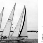 The 34-foot sharpie, Centennial, above, a leeboard yacht. On facing page, Millenium Falcon, a 60-foot three-masted schooner with bilge fins, glides beneath the Golden Gate Bridge. With the twin fins, she draws just 5 feet 9 inches.