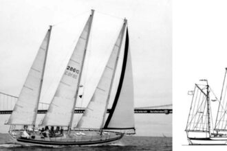 The 34-foot sharpie, Centennial, above, a leeboard yacht. On facing page, Millenium Falcon, a 60-foot three-masted schooner with bilge fins, glides beneath the Golden Gate Bridge. With the twin fins, she draws just 5 feet 9 inches.