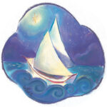 Artwork of a boat sailing on a starry night