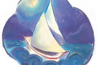 Artwork of a boat sailing on a starry night