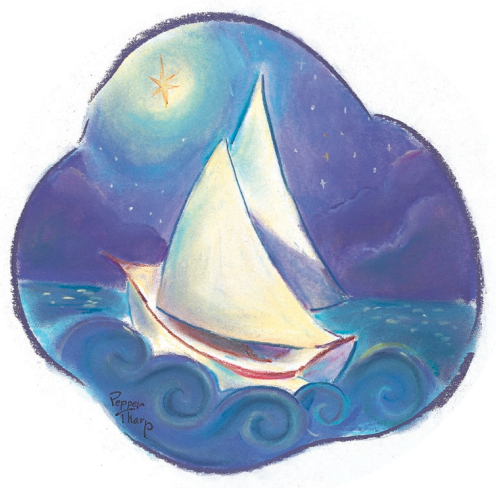 Artwork of a boat sailing on a starry night