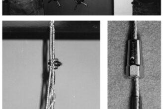 ABS-approved lab, pictured at top, tests breaking strength of Suncor assembly. Suncor assembly, at far left, breaks at 107 percent of the wire’s rated breaking strength. To assemble, simply slide the parts on the wire, leaving 5mm extended beyond the pressure ring. Screw the fitting together and tighten. Then tighten the lock nut. Finished assembly shown at left.