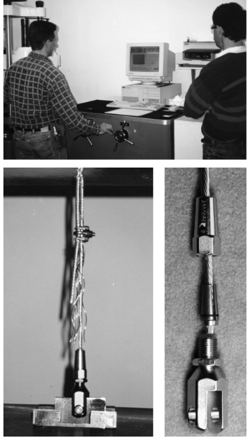 ABS-approved lab, pictured at top, tests breaking strength of Suncor assembly. Suncor assembly, at far left, breaks at 107 percent of the wire’s rated breaking strength. To assemble, simply slide the parts on the wire, leaving 5mm extended beyond the pressure ring. Screw the fitting together and tighten. Then tighten the lock nut. Finished assembly shown at left.