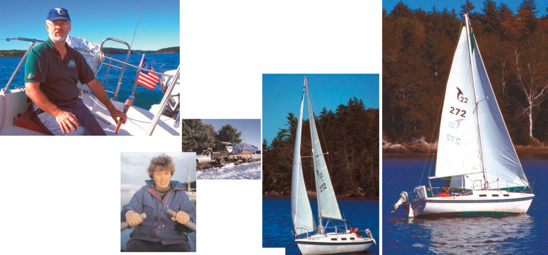 Bob Howe, above, sailing the Tanzer 22 he bought on a whim six years ago. Above, the boat is set for winter storage in Maine. At left, Kathy Howe enjoying a moment on the water. Svoboda, on the opposite page and on Page 45, is also enjoying her moments on the water.