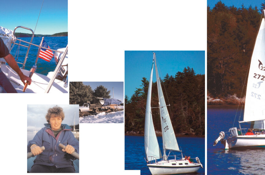 Bob Howe, above, sailing the Tanzer 22 he bought on a whim six years ago. Above, the boat is set for winter storage in Maine. At left, Kathy Howe enjoying a moment on the water. Svoboda, on the opposite page and on Page 45, is also enjoying her moments on the water.