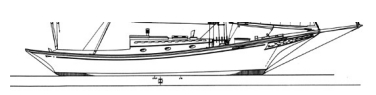 The Friendship sloop has a clipper bow, raked transom, and a traditional sheer