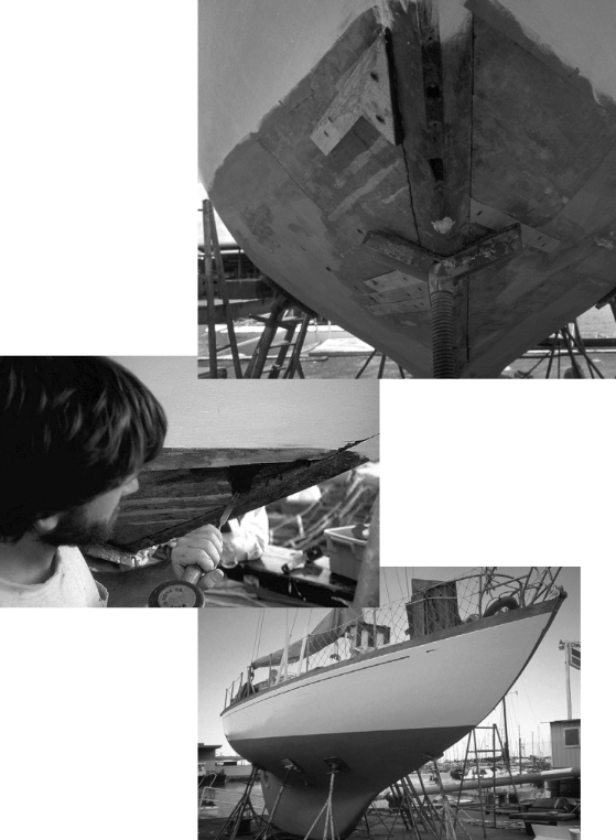 Mark made forward plank end repairs by removing the damaged wood and chiseling a scarph into the plank to accept a new plank section. In the bow-on view, above, the starboard upper section stands proud of the planking. The others have been planed smooth. Below, Nomad is ready for launch.
